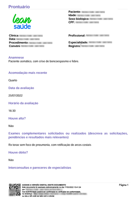 Exemplo de relatório clínico gerado pelo Lean Stay, com dados anonimizados