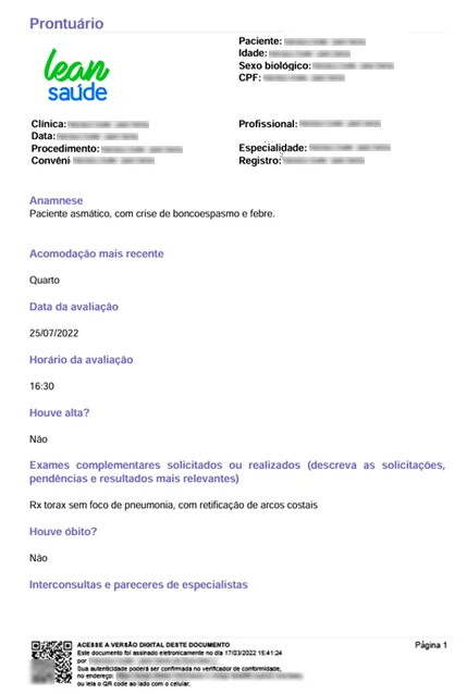 Exemplo de relatório clínico gerado pelo Lean Stay, com dados anonimizados